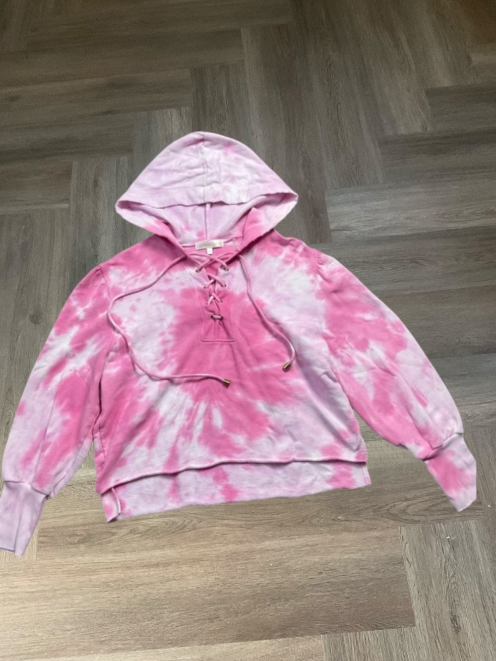 Love Shack Fancy Tie Dye Lace Up Puff Sleeve Hoodie Sweatshirt Womens XS Pink